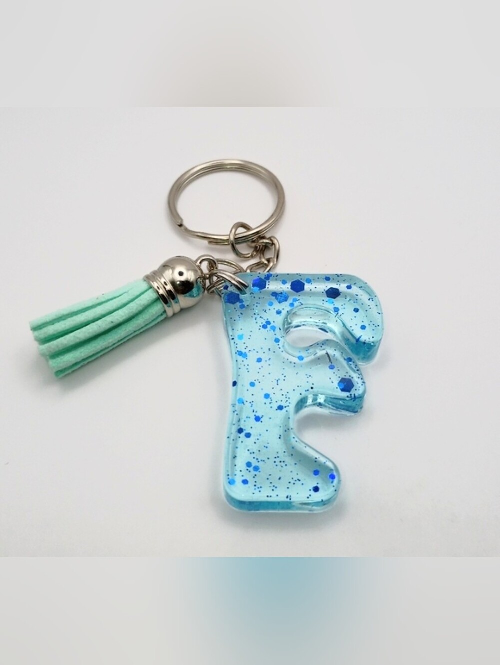 Women's Blue Speckled Letter F Keychain with Tassel